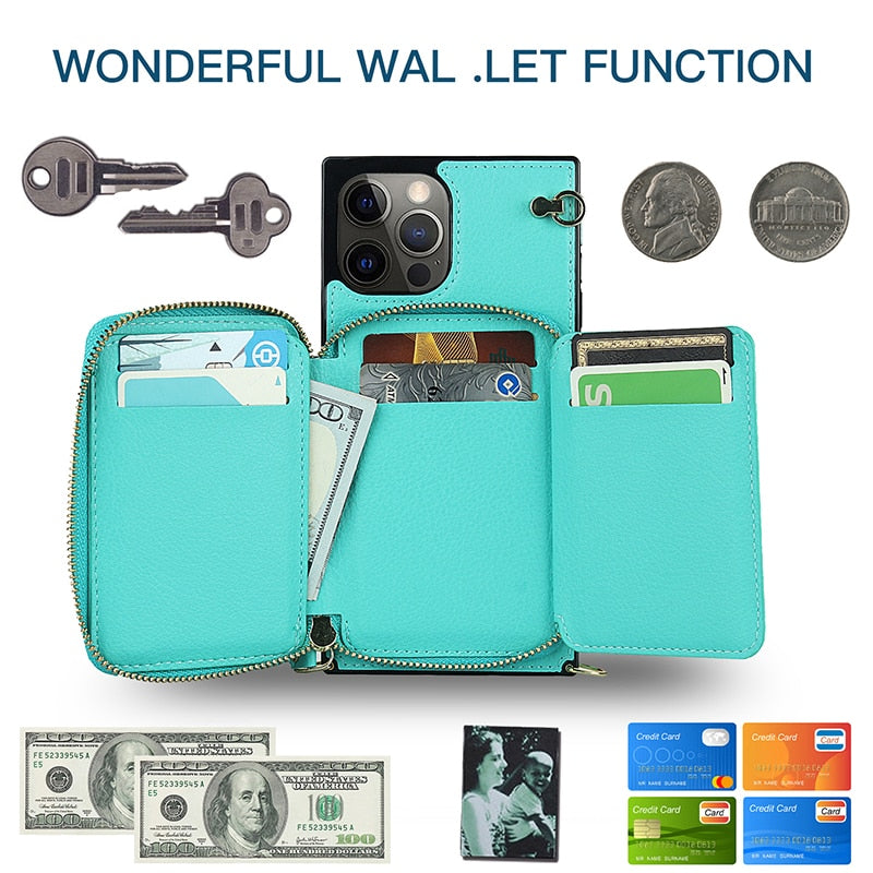 Zipper Wallet Case with Adjustable Crossbody Strap for iphone